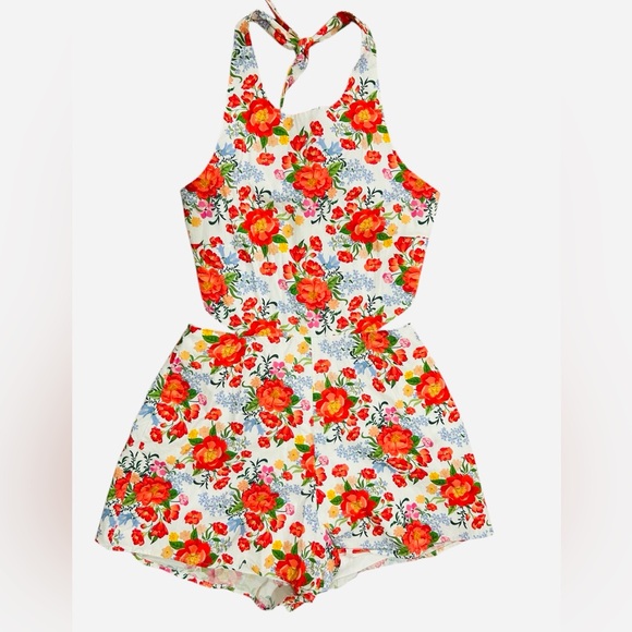 Never a Wallflower red green Floral Halter Romper Size M - Picture 1 of 5